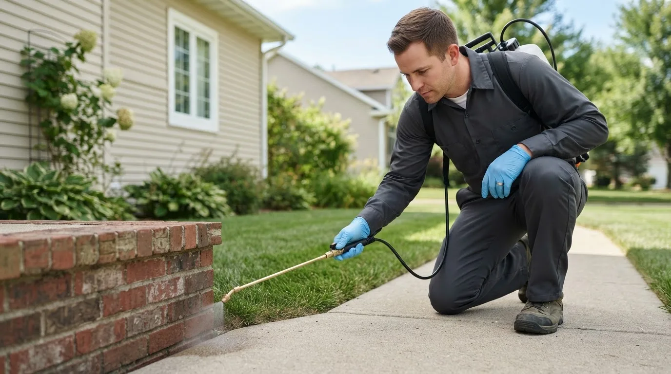 Pest control technician treating a home near Forestville, PA