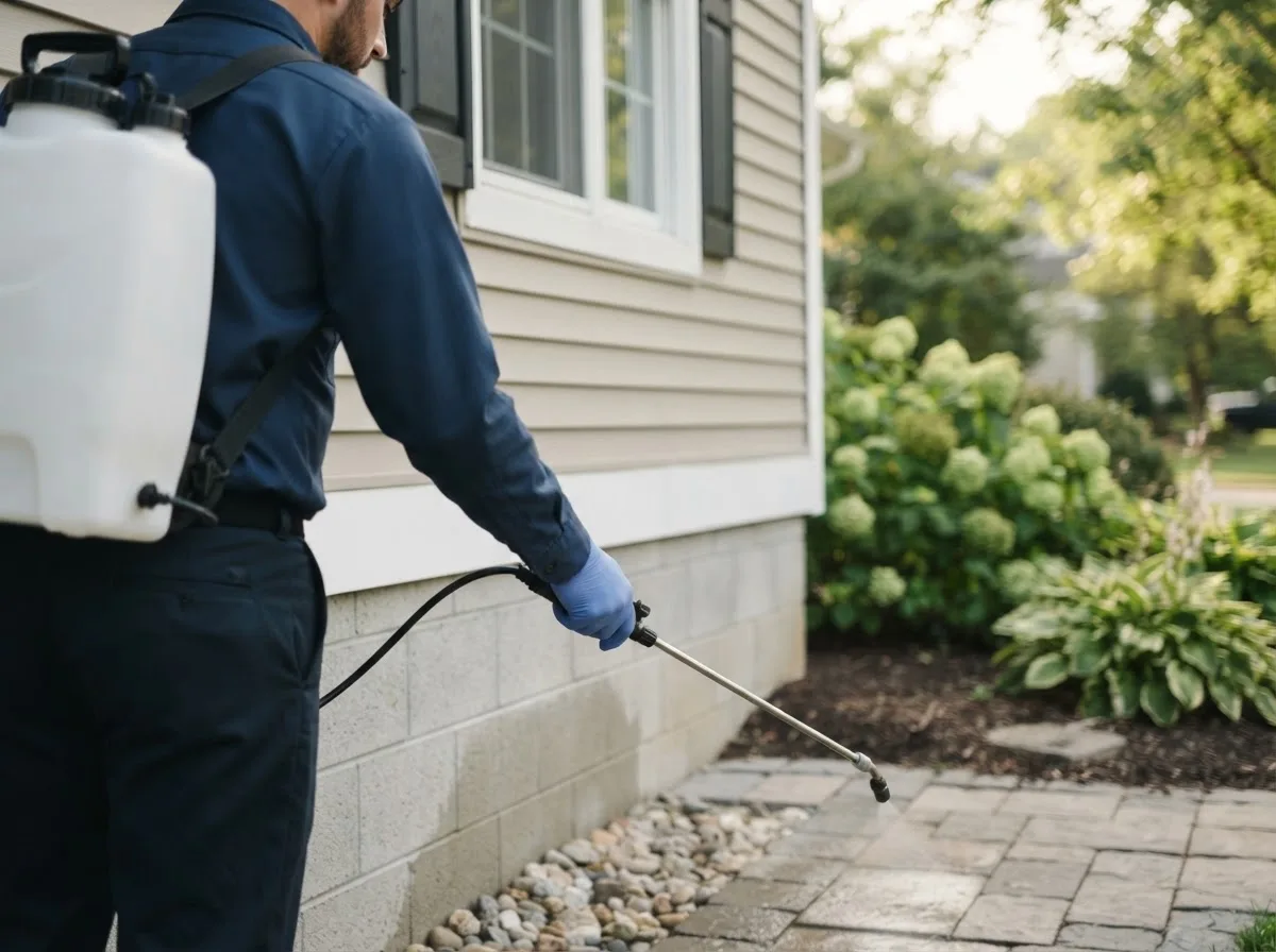 Pest control technician inspecting a home in Forestville, PA